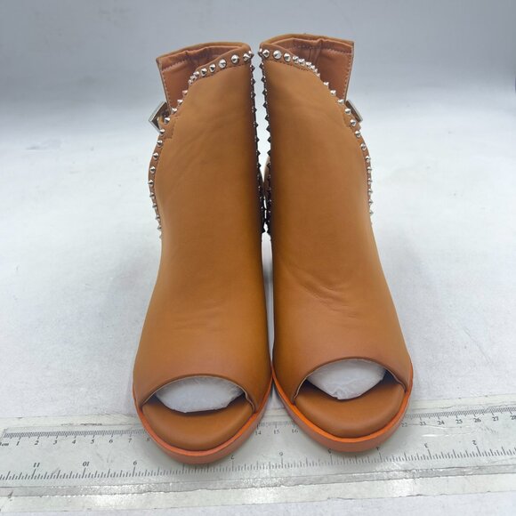 FSJ Brown Rivets Peep Open Toe Cut Out Buckle Ankle Bootie Block Low Heel Sandal - Picture 3 of 8